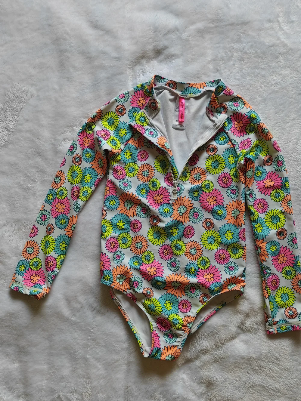 Girls Swimsuit Betsey Johnson Size 6X Neon Flower Power Long Sleeve Half Zip